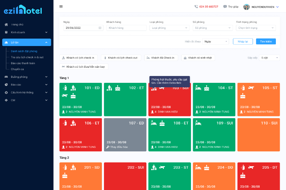 Giao diện quản lý đặt phòng của phần mềm quản lý khách sạn eziHotel